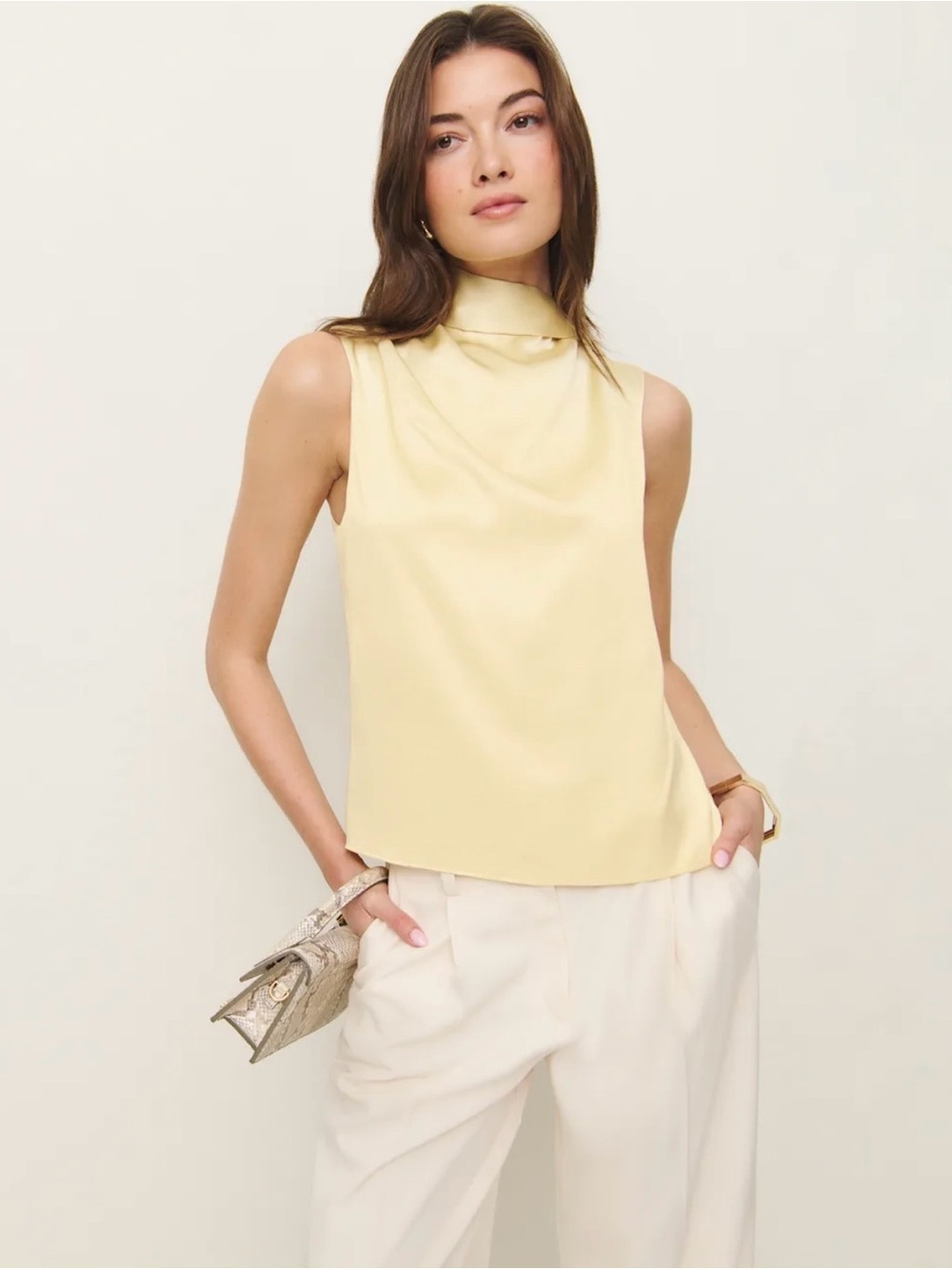 Reformation Norella Silk Scarf Top Blouse - Natural Light Yellow Beige